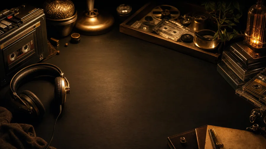Vintage headphones, tapes and warm analog equipment