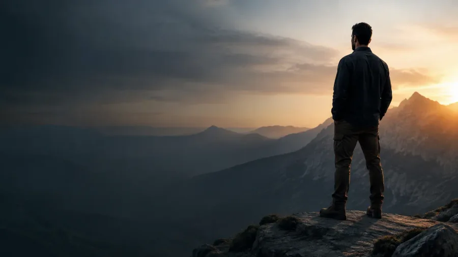 A lone figure looking across mountain peaks at sunrise