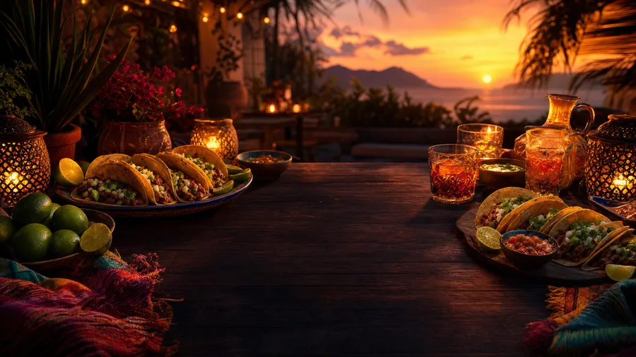 Tacos and drinks on a sunset terrace