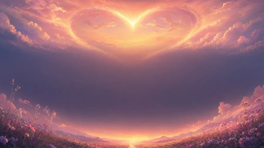 A luminous heart-shaped sky above a flower-filled landscape