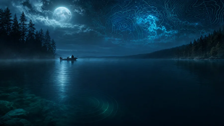 A moonlit lake with contour maps and a fishing boat