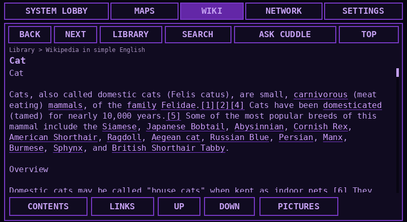 Follow the interesting question. The offline reader makes article links, section contents, and Ask Cuddle available in the same view. Shown: the Cat article in Simple English Wikipedia.