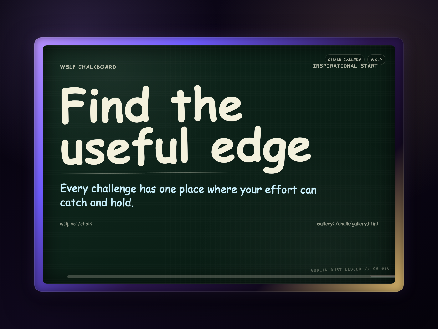 WSLP chalkboard reading Find the useful edge. Every challenge has one place where your effort can catch and hold.