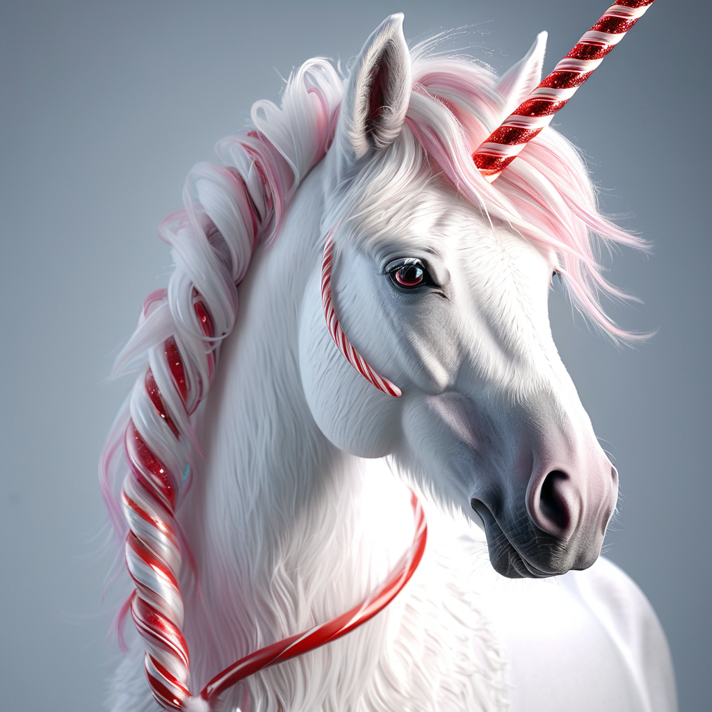 Magical unicorn with a red and white candy cane horn