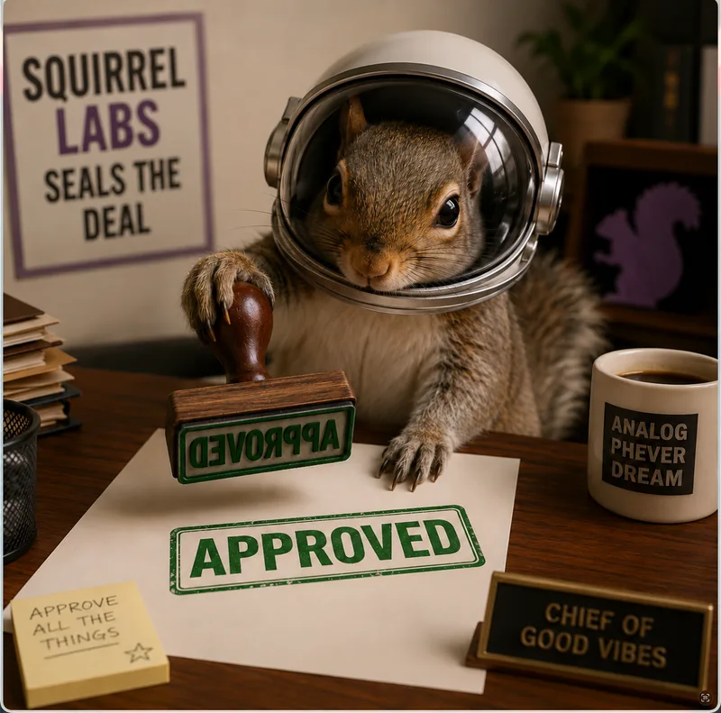 A helmeted squirrel holds a correctly mirrored APPROVED rubber stamp above its readable ink impression.