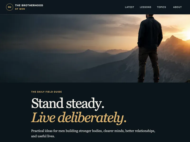 The Brotherhood of Men homepage with its mountain artwork.